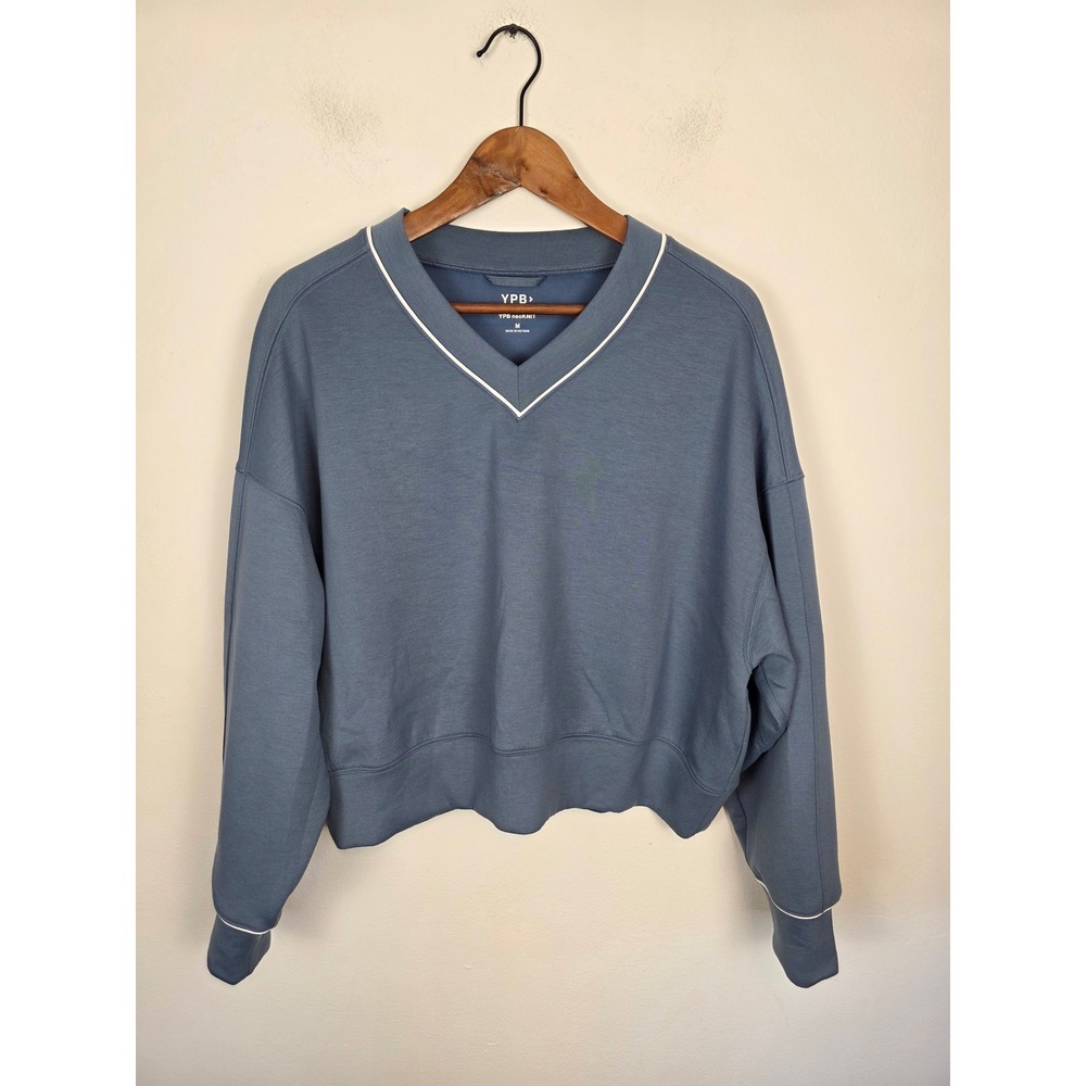 YPB neoKNIT Womens V-Neck Sweatshirt Blue Contrast Piping Cropped Size Medium‎